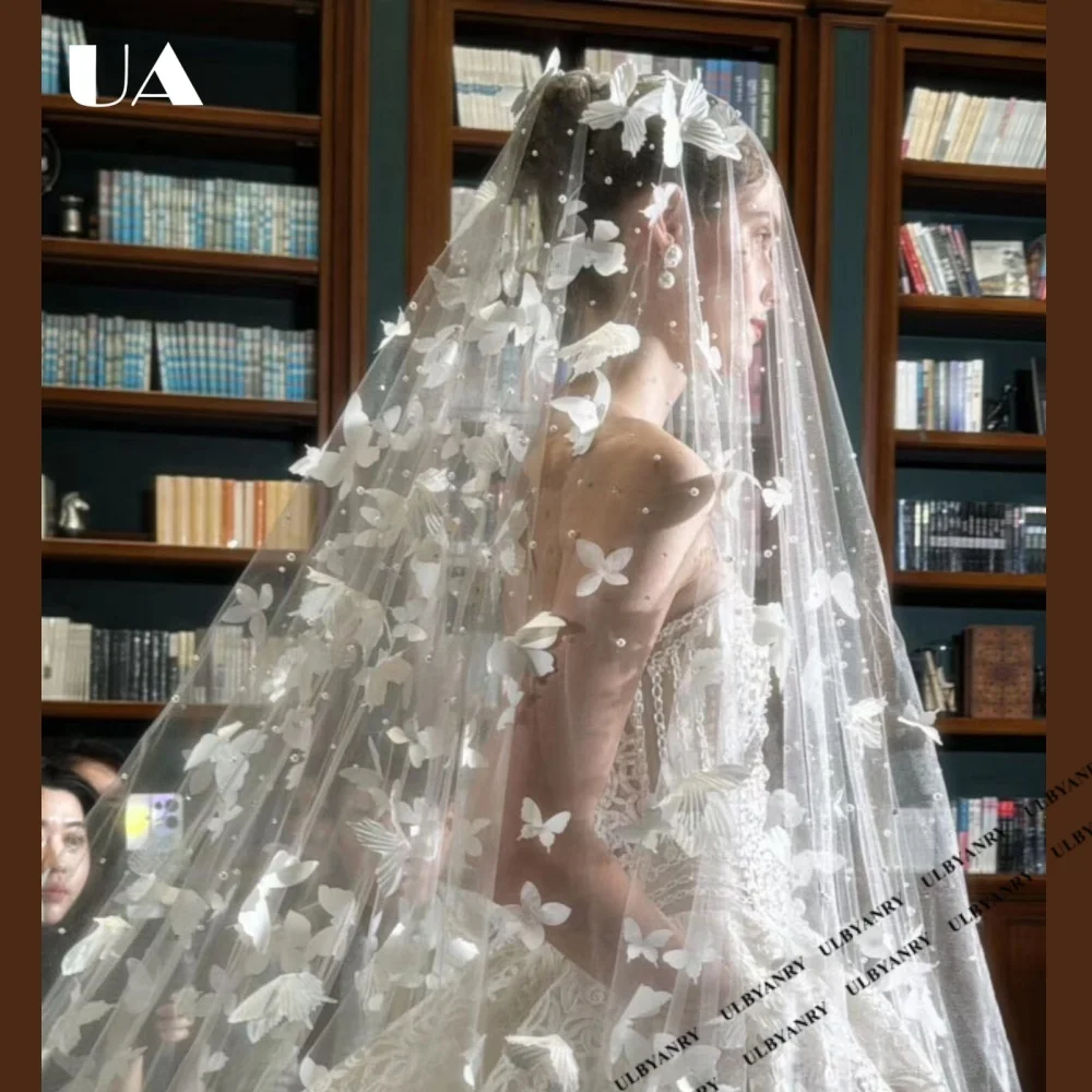 White‑butterfly Veil for Bride, Forest‑style Heavy‑work Pearl Luxury Extra‑long Cathedral‑length Veil,