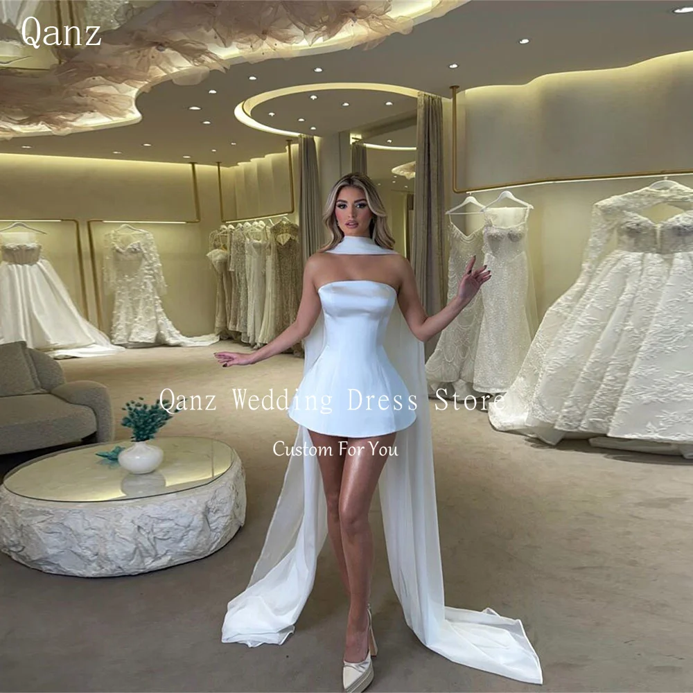 Qanz White Short A Line Wedding Dress Mini Soft Aatin Strapless Scarf Mini Bohemia Bridal Dresses Party For Women Customized