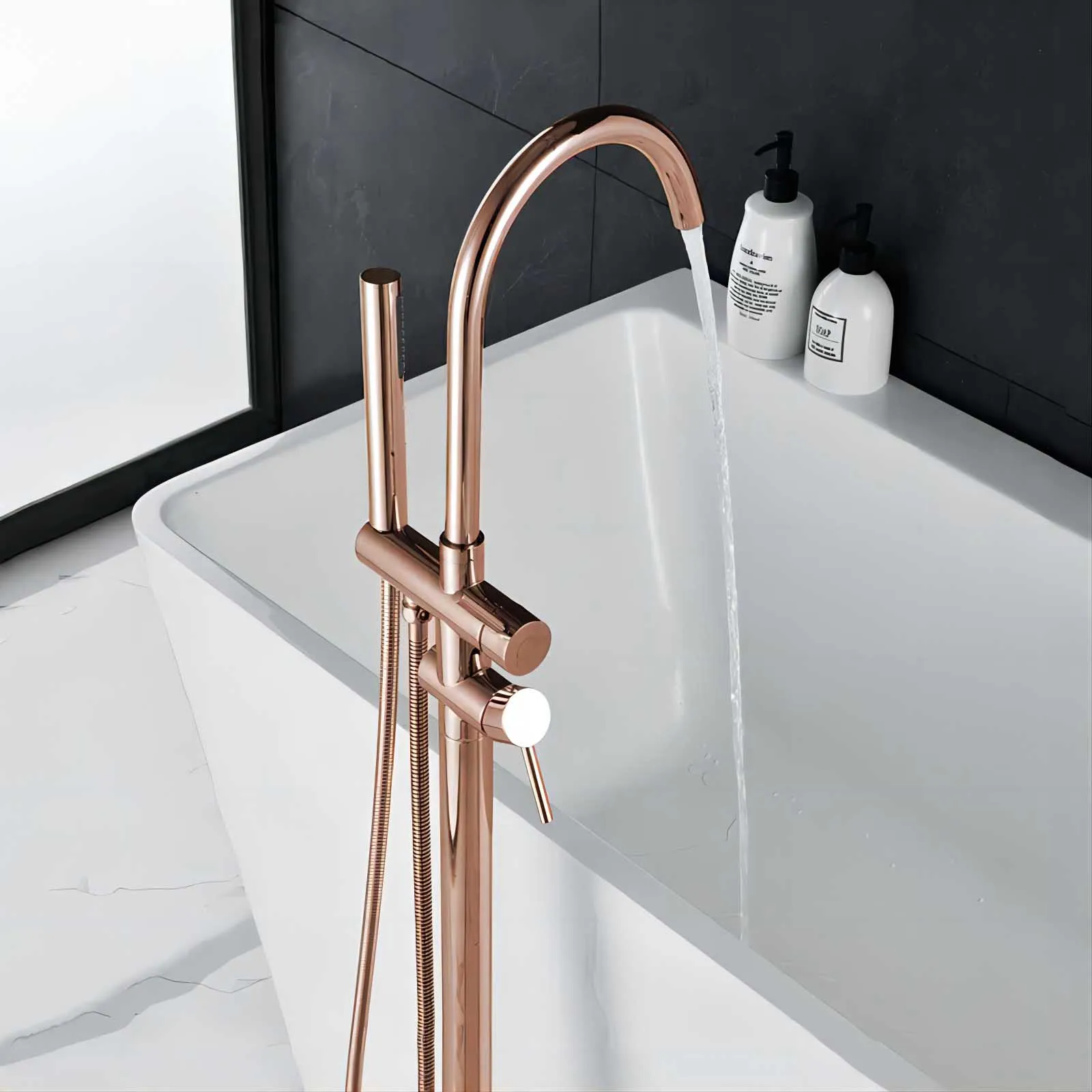 

Rose Gold/Brushed Grey Floor Mount Bathtub Faucet Bathroom Bath Water Mixer Tap Faucets Double Handles with Hand Shower Brass