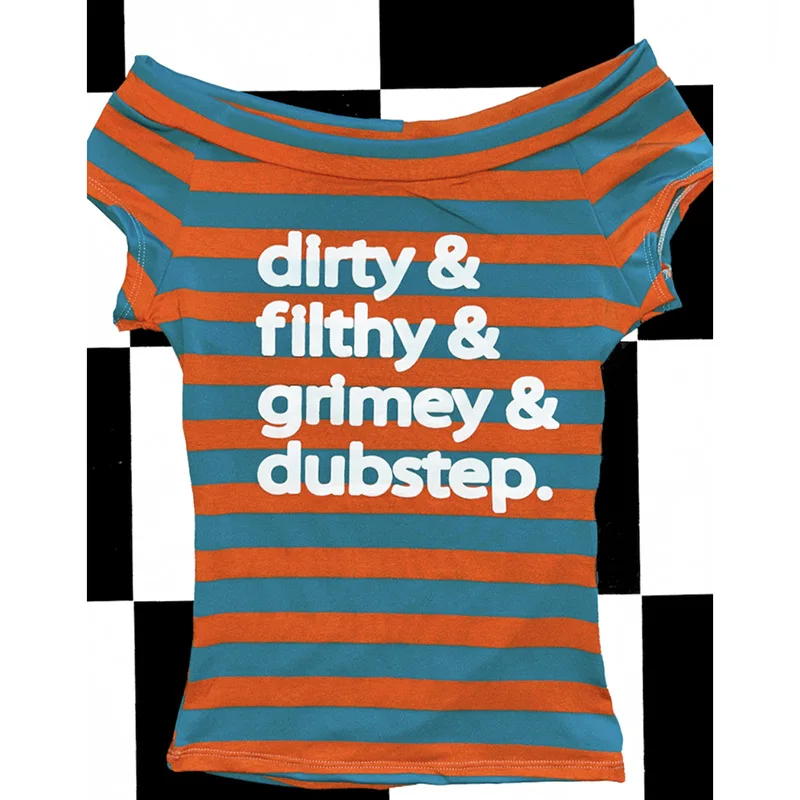 Y2K Orange Green Stripe Letter Print One Shoulder Short Sleeve T Shirt Top Retro for Women