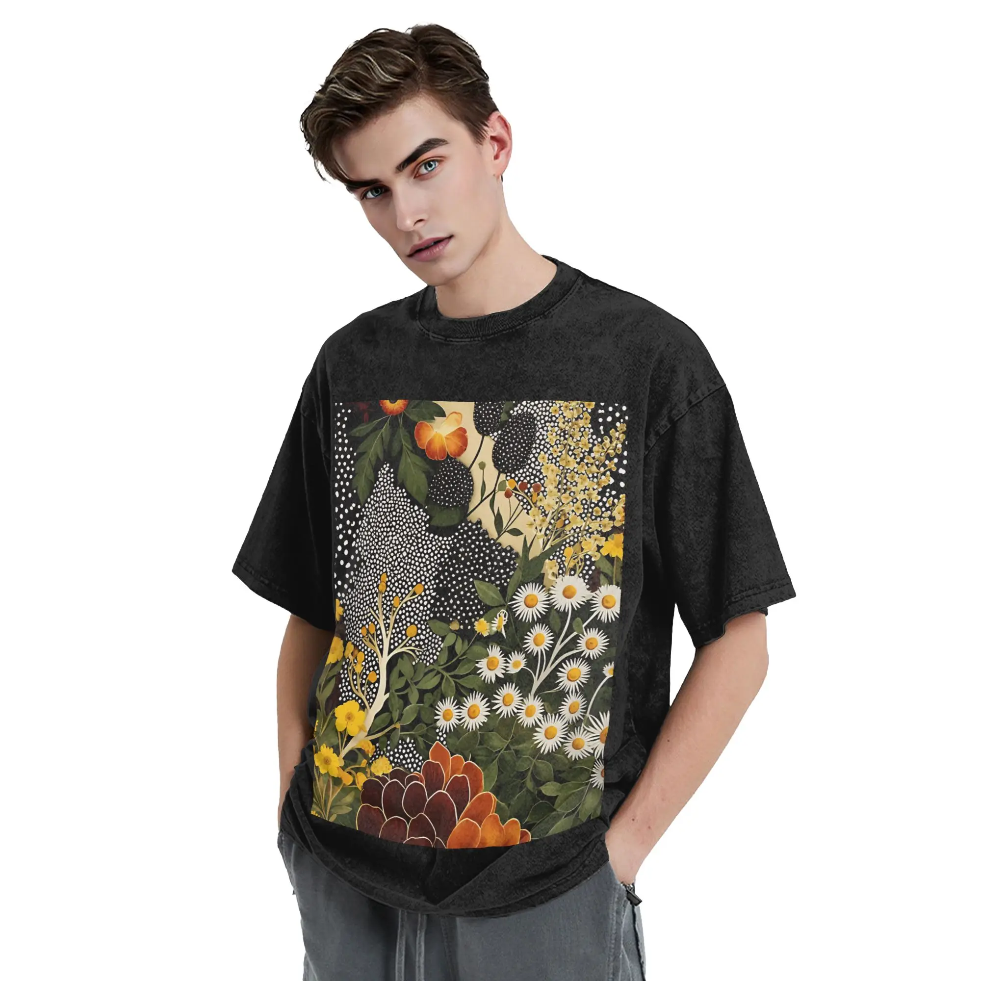 Yayoi Kusama Floral Daisies Washed T Shirts Streetwear Hip Hop Retro T-Shirts Tees Tops Men Women Oversize Graphic Printed