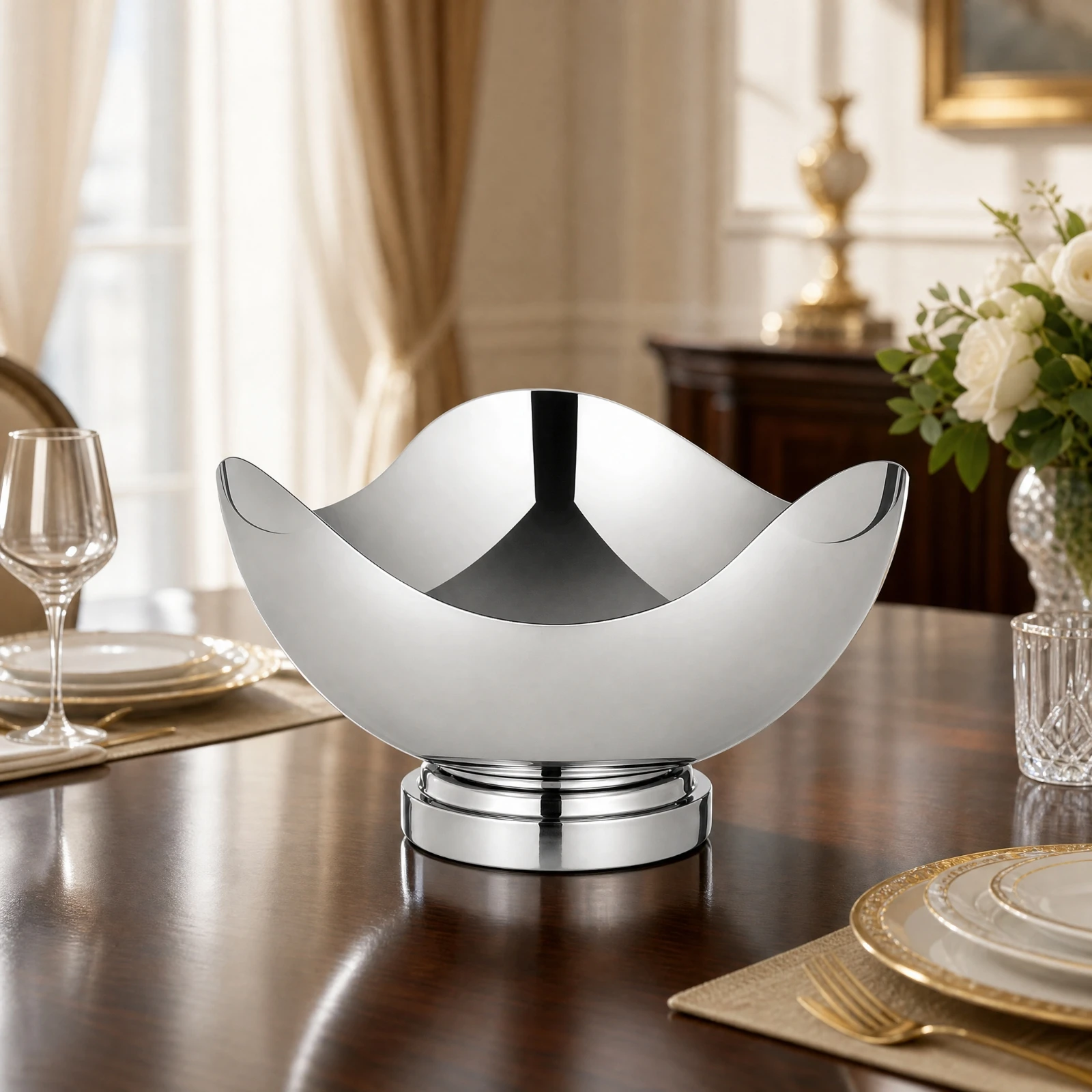 Stainless Steel Champagne Basin Modern Wide Flared Bowl Chiller Pedestal Champagne Chiller Sleek Beverage Cooler Polished