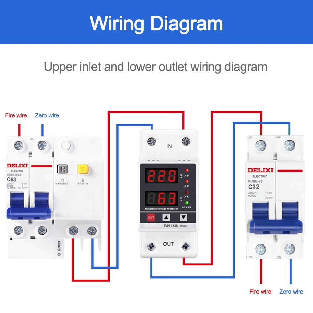 Dual Display 40A 230V Din Rail Adjustable digital Over Under Voltage Relay Surge Protector Limit Over Current Protection