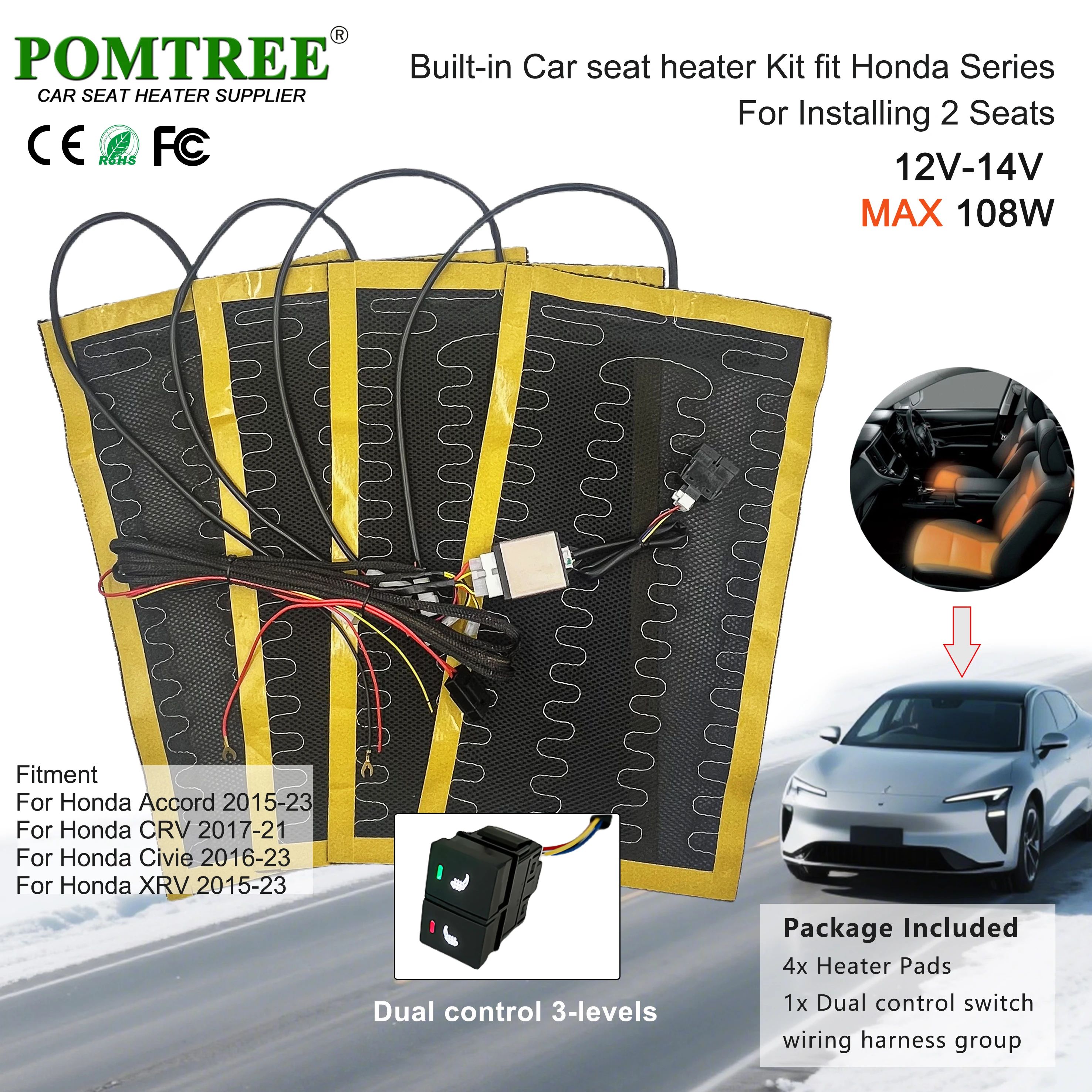 

Built-In Car Seat Heater Kit Fit 2 Seats, 12V 108W Alloy Wire Heating Pads 3-Level Dual Control Heated Switch for Honda Accord
