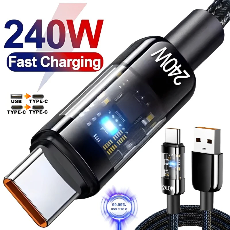 240W Cable Nylon USB Type C Super Fast Charging Cable LED Digital Display Fast Charger Data Cord For Samsung Xiaomi Huawei Honor