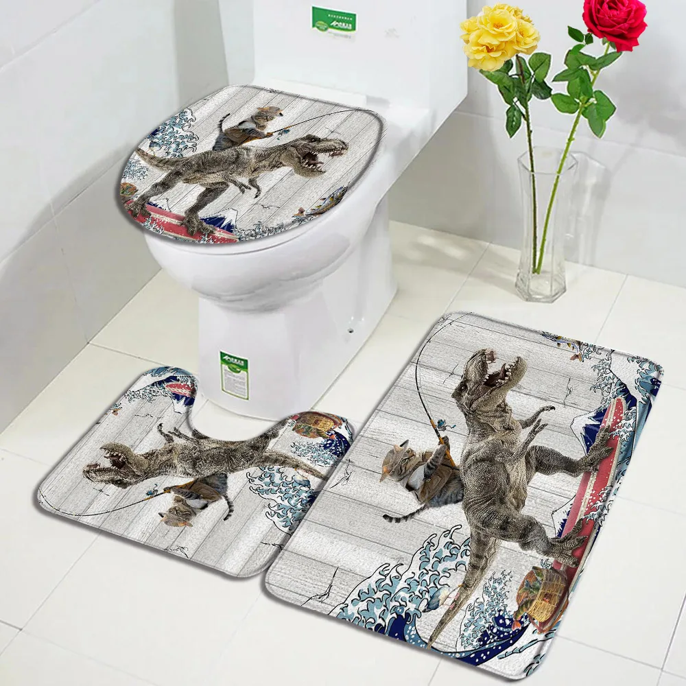 Funny Cat Bath Mat Set Creative Dinosaur Surf Sea Waves Grey Planks Kids Home Carpet Bathroom Decor Floor Rugs Toilet Lid Cover