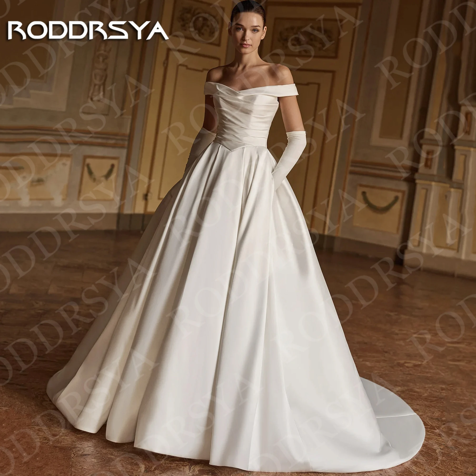 

RODDRSYA Classic Wedding Dresses A Line Satin Bridal Gowns Off Shoulder Bride Dress with Pockets Customized robe de mariée 2026