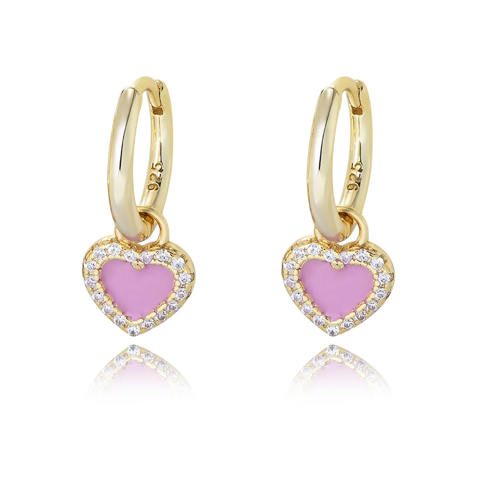 

Fashion Statement Zircon Heart Drop Earrings 925 Sterling Silver Pink Drip Oil Heart Earrings Women Fine Jewelry