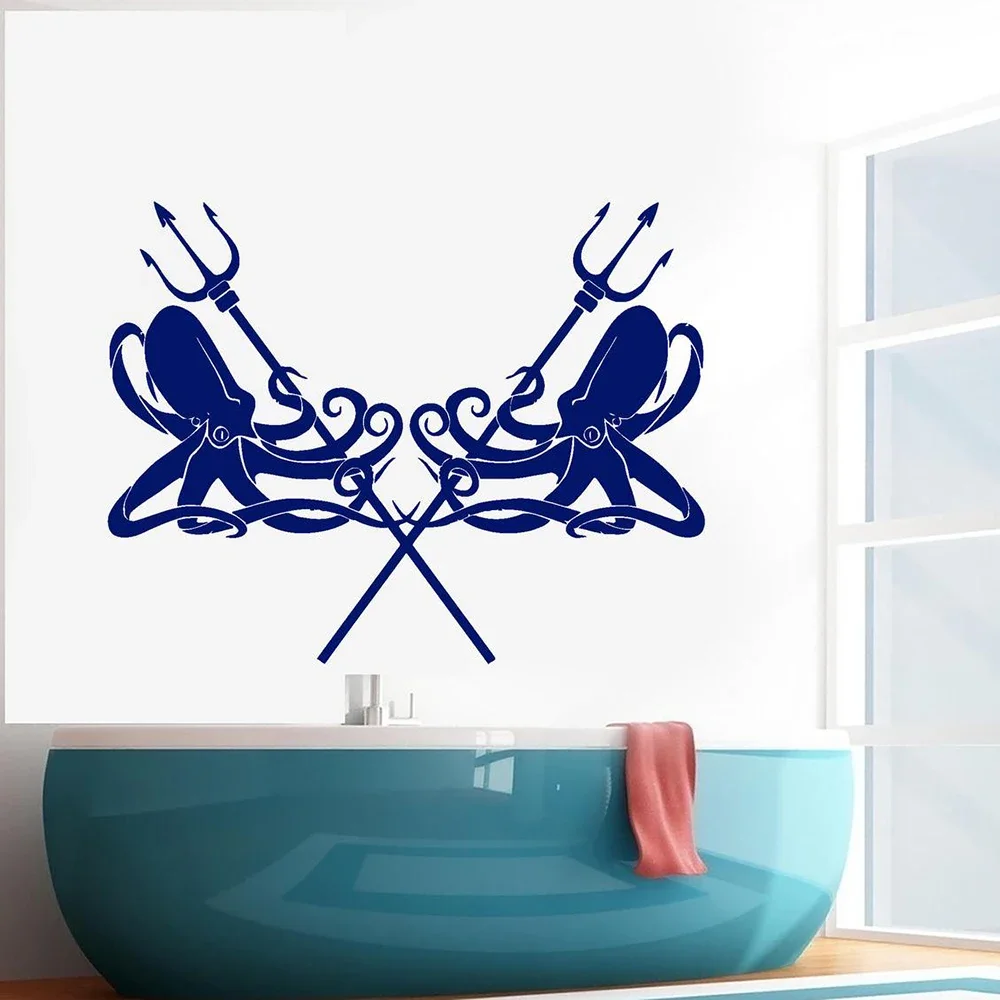 Octopus Vinyl Wall Decal Marine Trident Kraken Ocean Style Wall Stickers for Bathroom Home Wall Decor Removable Art Mural C444