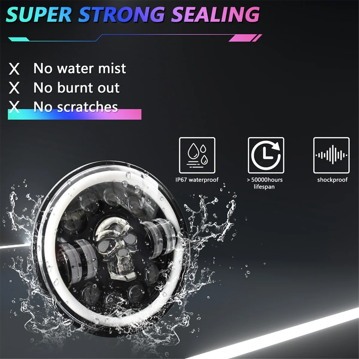 الجمجمة مصباح LED مستدير ، 7 بوصة LED رئيس ضوء مصباح الطرق الوعرة ضوء زاوية عيون ل جيب رانجلر JK TJ LJ CJ Hummber H1 H2