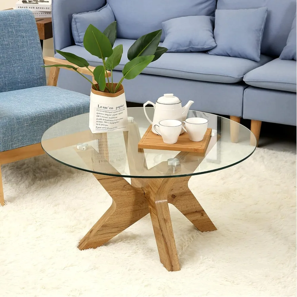 

Round Glass Coffee Table, 31.5 in Clear Accent Table Cocktail Table with MDF Leg and Tempered Glass Top for Living Room, Tree (