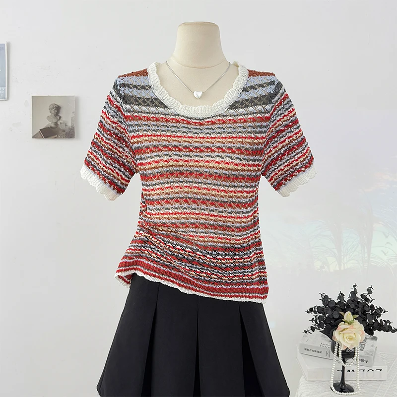 

Women Contrast Color Striped Short Sleeve Tees Summer Sweet Round Neck Hollow Out Knitted Tops Female Pullover T-shirts