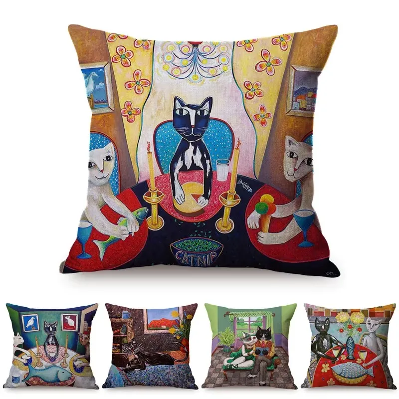 Nordic Vintage Style Cat Family Party Colorful Oil Painting Art Sofa Decorative Cushion Cover Couple Cat Animal Pillow Case