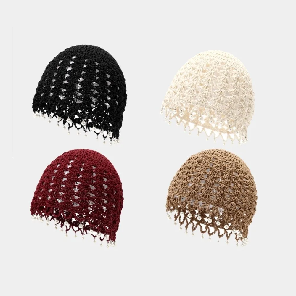 

Versatile Handmade Crochet Beanies Crocheted Hollow Design Tassel Strap Hat Pearl Pendant Pullover Knitted Hat