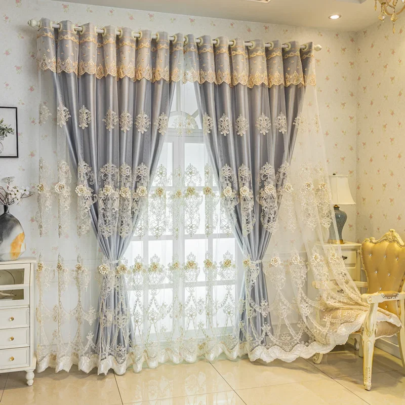 European High-end Embroidered Curtains for Living Dining Room Bedroom Blackout Cloth and Gauze Integrated Flowers Tulle Custom