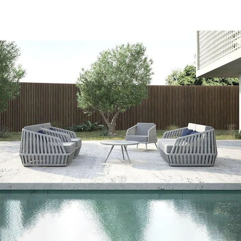 

Modern Design Durable Outdoor Furniture Handwoven Garden Waterproof Rope Sofa Rattan Garden Set 3 Seats Nordic Metal