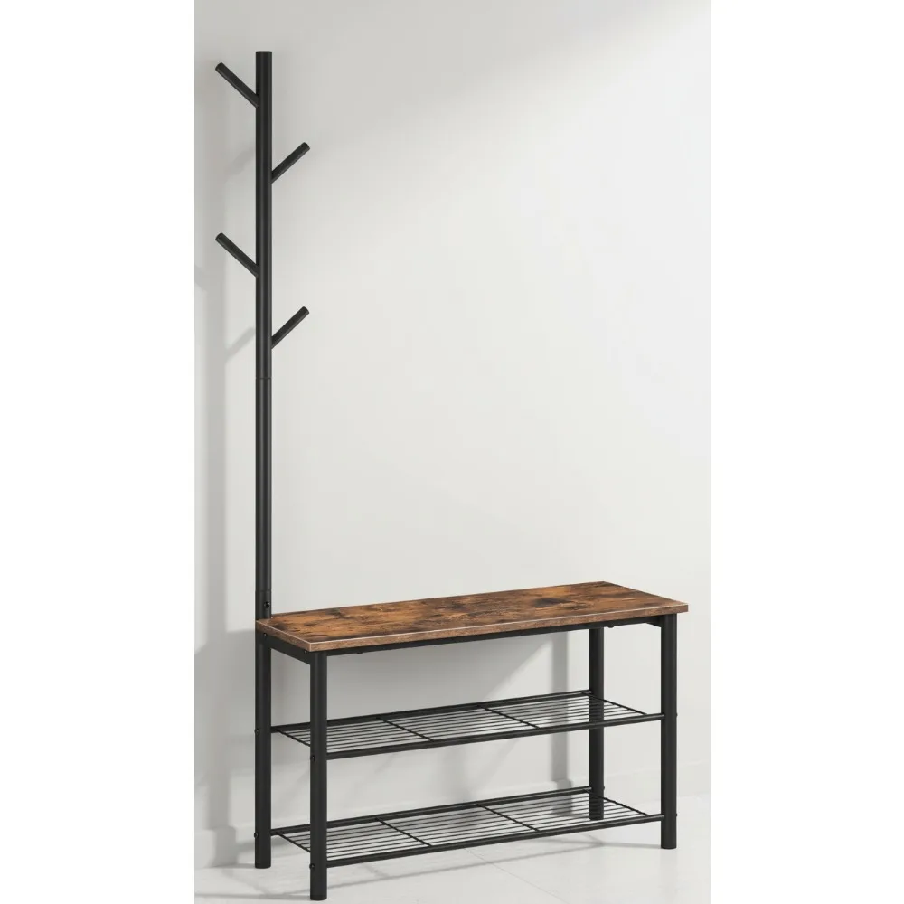 

3-Tier Shoe Bench Coat Rack, Industrial Entryway Storage Organizer with Mesh Shelves, Rustic Brown