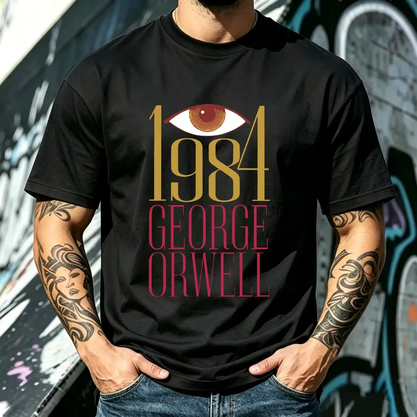 washed T Shirt George Orwell 1984 Medium Big Brother Book Movie Literary Classic Eye long or short sleeves vintage Washed