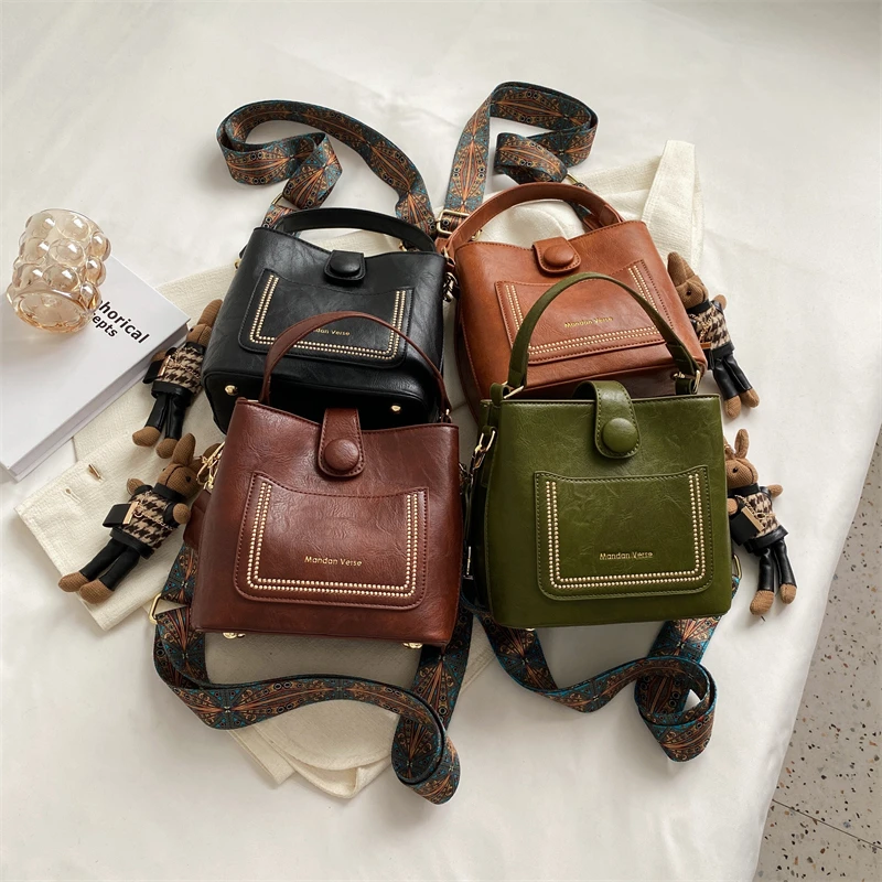 Fashion Trend Leather Tote Bag for Women 2024 Female Simple Large High Capacity Vintage Shoulder Bucket Bag Handbags and Purses