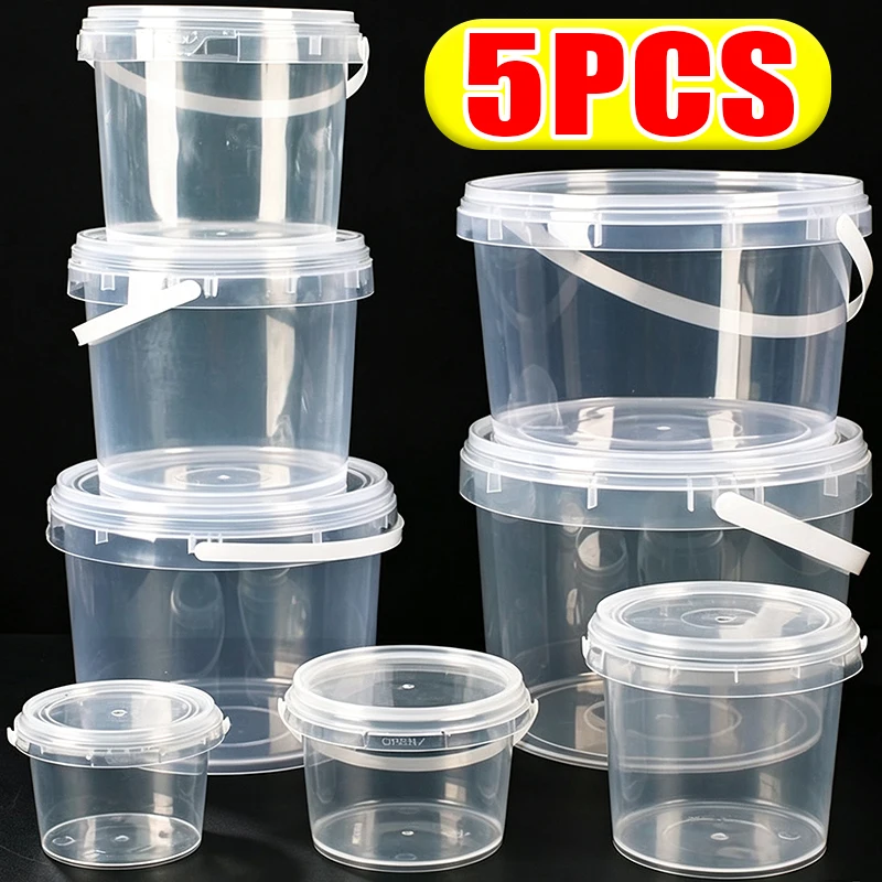 500/750/1000ml Transparent Reusable Leakproof Container for Juice Fruit Tea Snack Storage Buckets Handle Plastic Bucket with Lid
