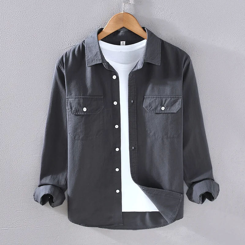 

Men's 100% Cotton Shirt Long Sleeve Lapel Autumn Polo Shirt Fashion Tops Simple Casual T-Shirt Brand Heavy Industry Top Base