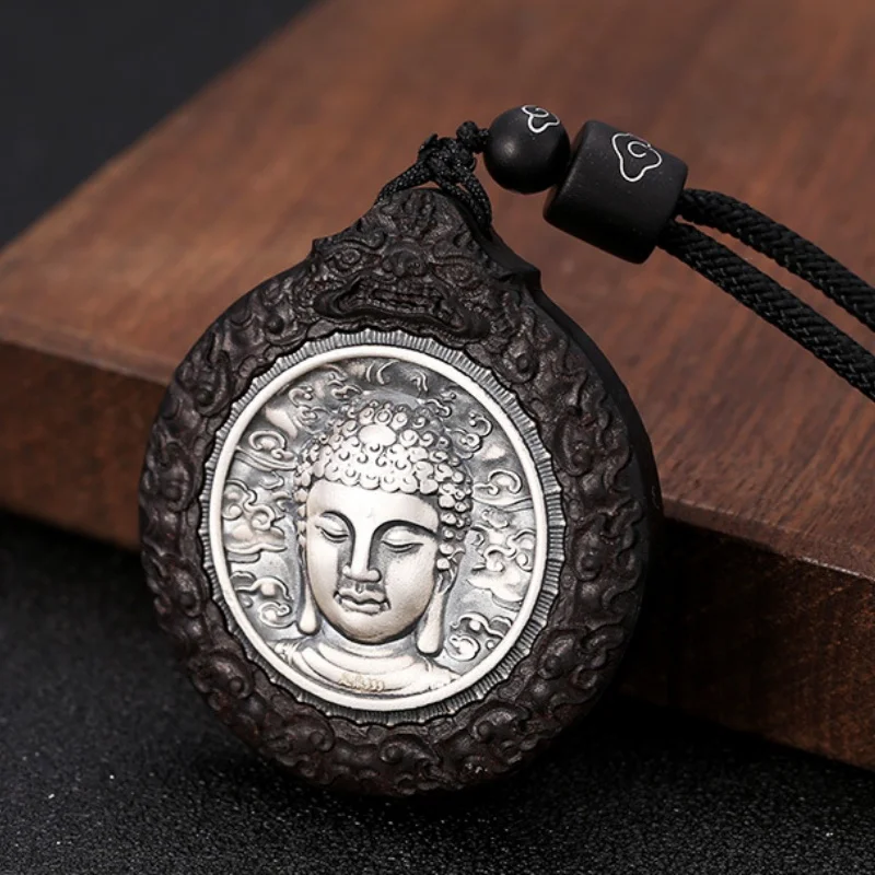 BOCAI S990 Sterling Silver Pendants for Women Men New Fashion Buddha-statue Buddha-head Black Sandalwood Jewelry