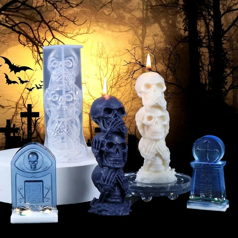 

Halloween Silicone Candle Mold Resin Epoxy Chocolate Ice Cube Soap Aromatherapy Pumpkin Lantern Skull Tombstone Mould Home Decor