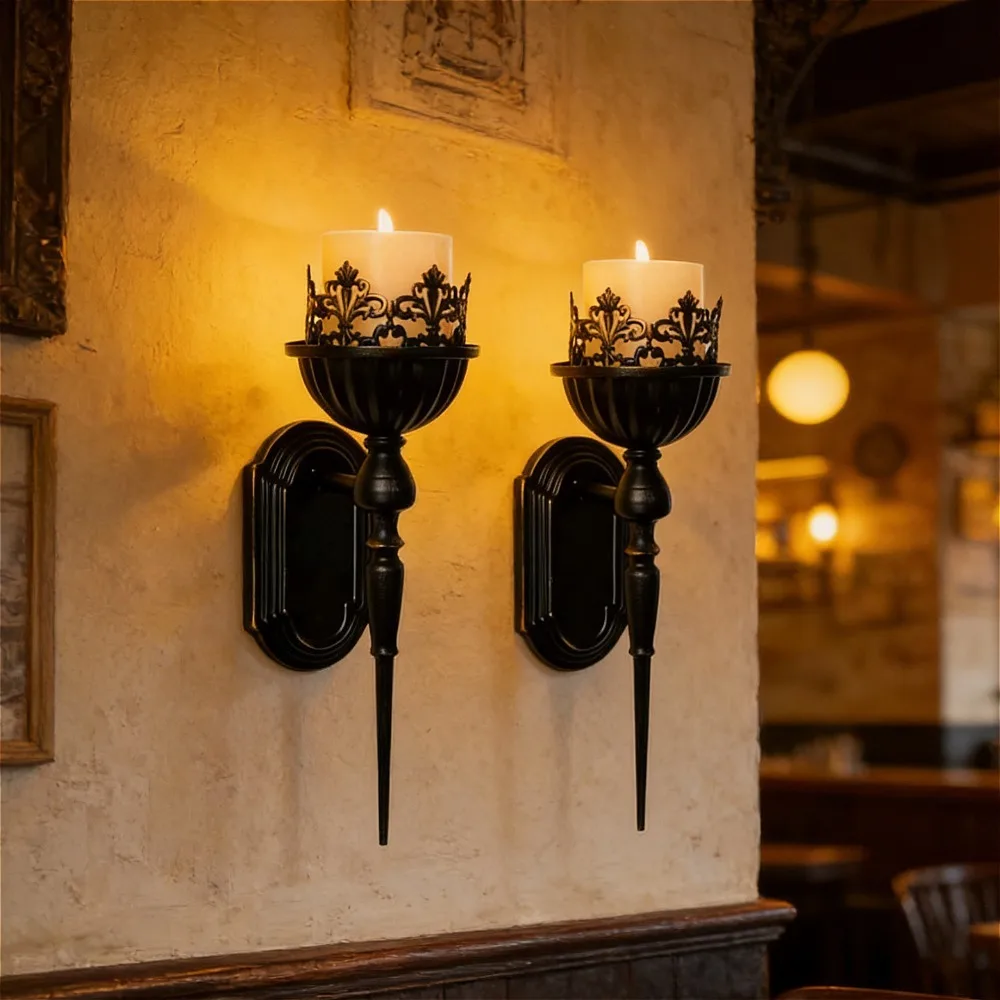 Retro American classical candlestick wrought iron metal torch shape living room bedside dresser wall mounted wall candlestick