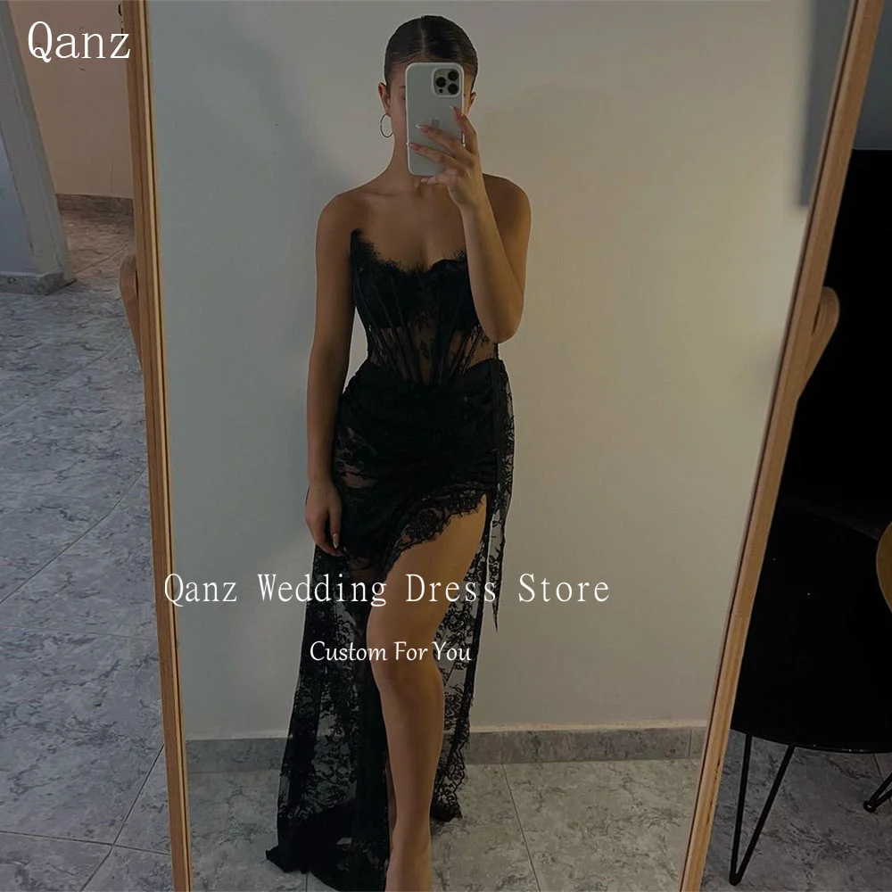 

Qanz Sexy See Through Evening Dresses Black Lace Strapless Corset Back Vestidos De Noite Mermaid High Slit Prom Dresses 2024