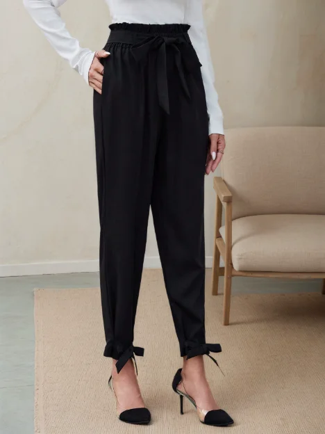 

Fashionable Women's Personalized Solid Color High Waisted Pleated Waist Design with Lace Up Bow and Slim Fit Small Leg Pants