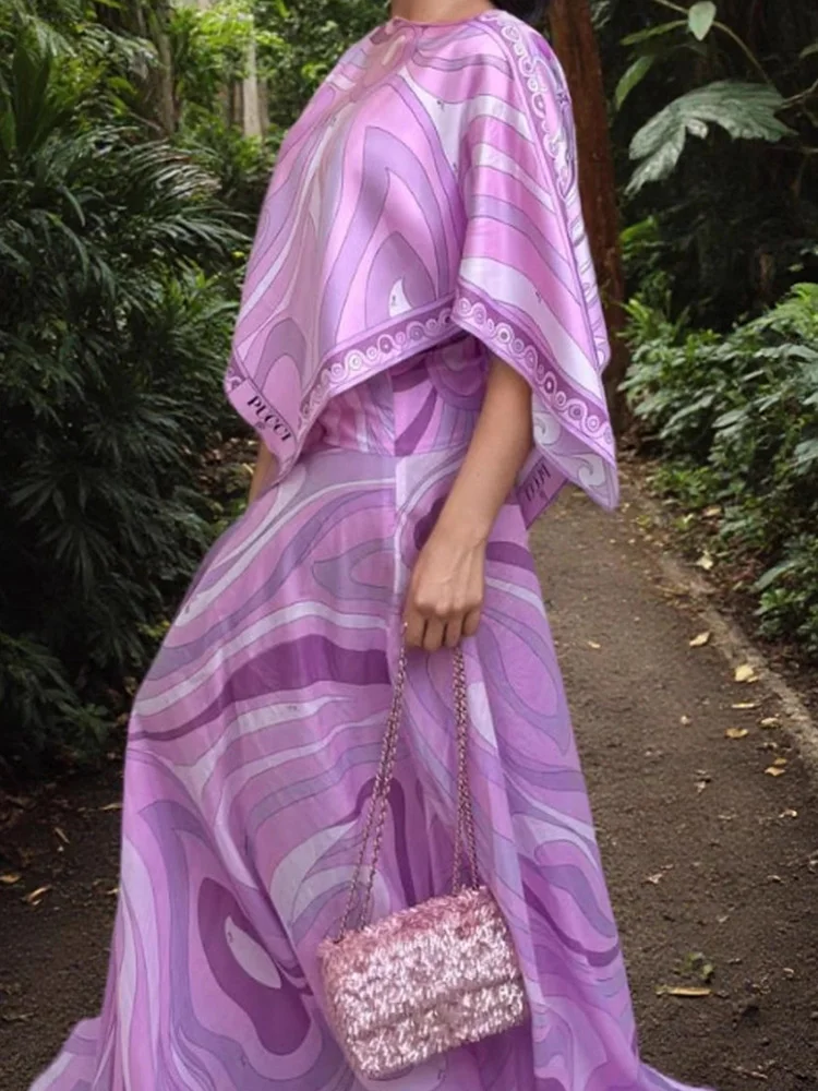 

Модный топ с круглым вырезом, короткими рукавами и длинной юбкой, комплект из 2 предметов, элегантный свободный наряд для отпуска, розовый узор, нерегулярный костюм с принтом