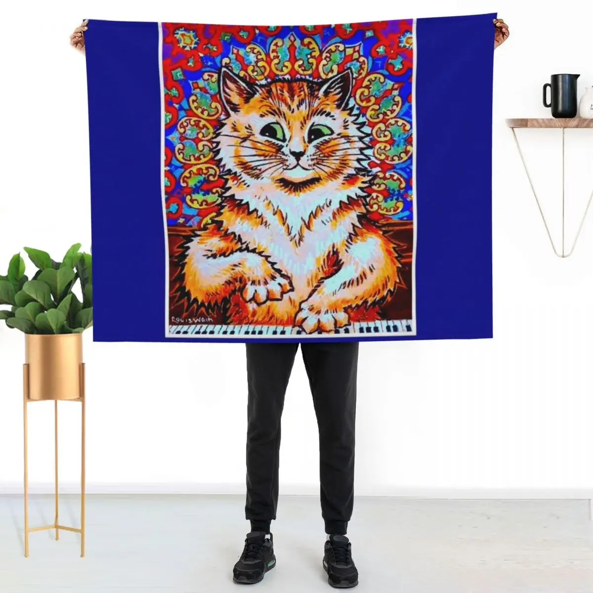 CAT PLAYING A PIANO : Vintage Psychedelic Abstract Louis Wain Print Throw Blanket Hairys Comforter Blankets For Bed Blankets
