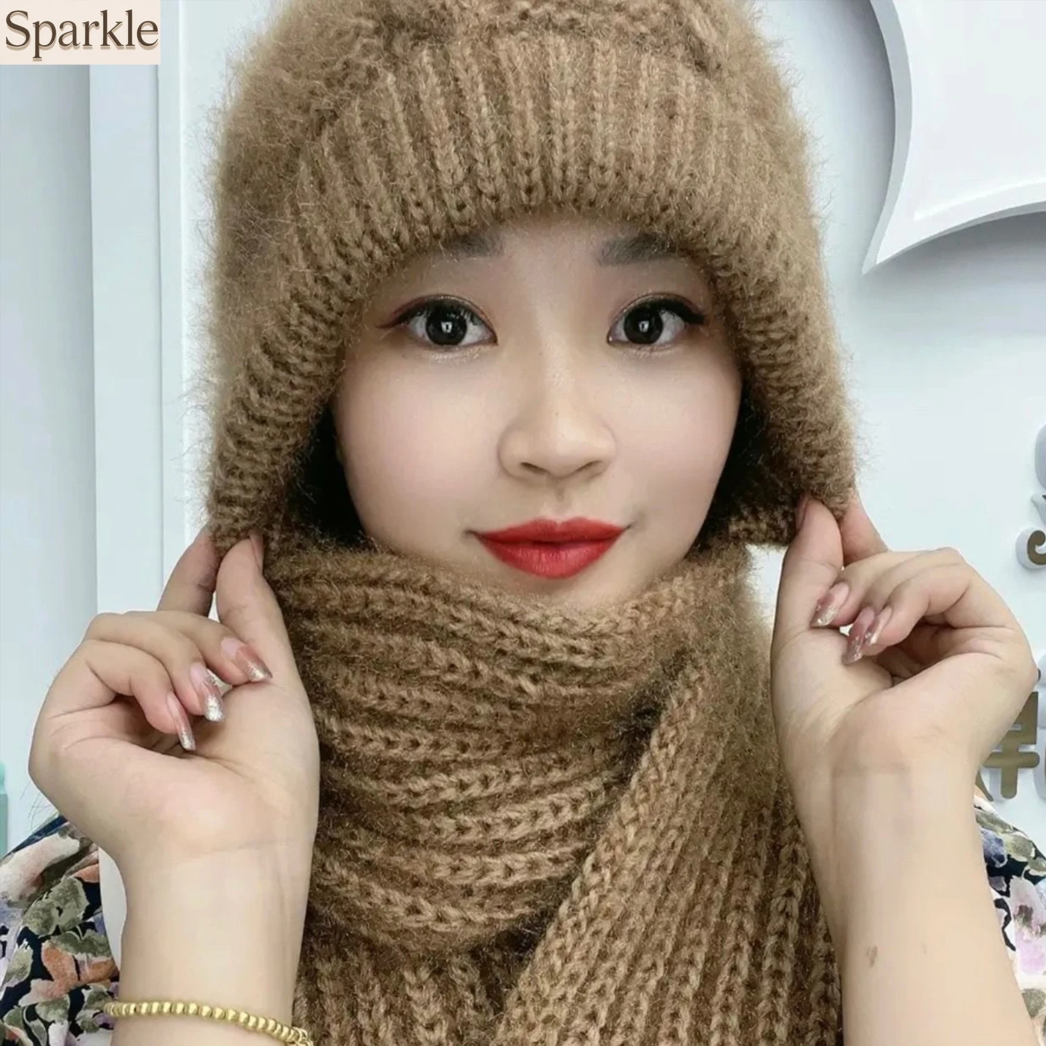 

Women's Soft Fluffy Warm Hooded Beanie Winter Knit Hat with Scarf Set 2-in-1 Fashionable Head Neck Warmer for Cold Weather