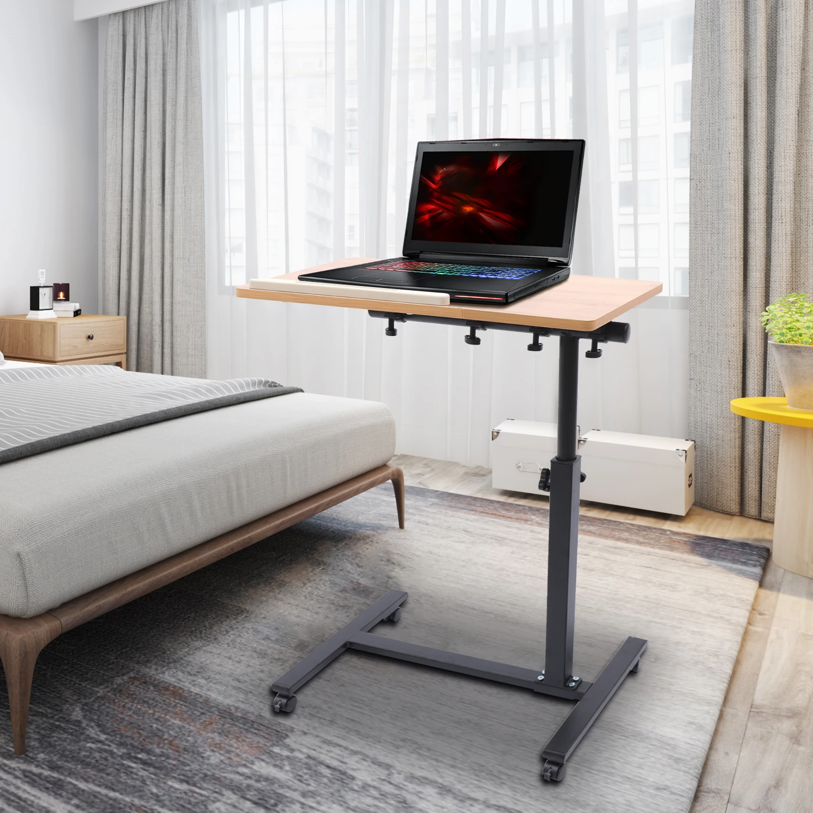 Adjustable Laptop Desk Stand Standing Rolling Study Table Computer Workstation 58-90cm Height & 360° Rotation Tabletop Mobile
