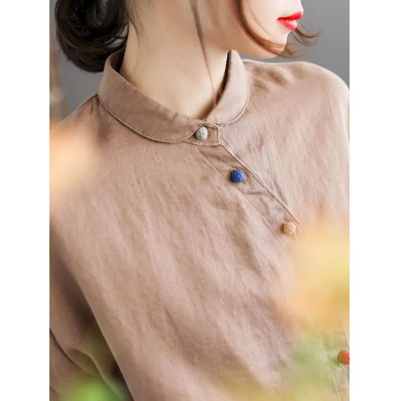 Cotton Linen Shirts Women Vintage Solid Polo-neck Loose Long Sleeve Casual Korean Style Single Breasted Blouse Women Office Tops