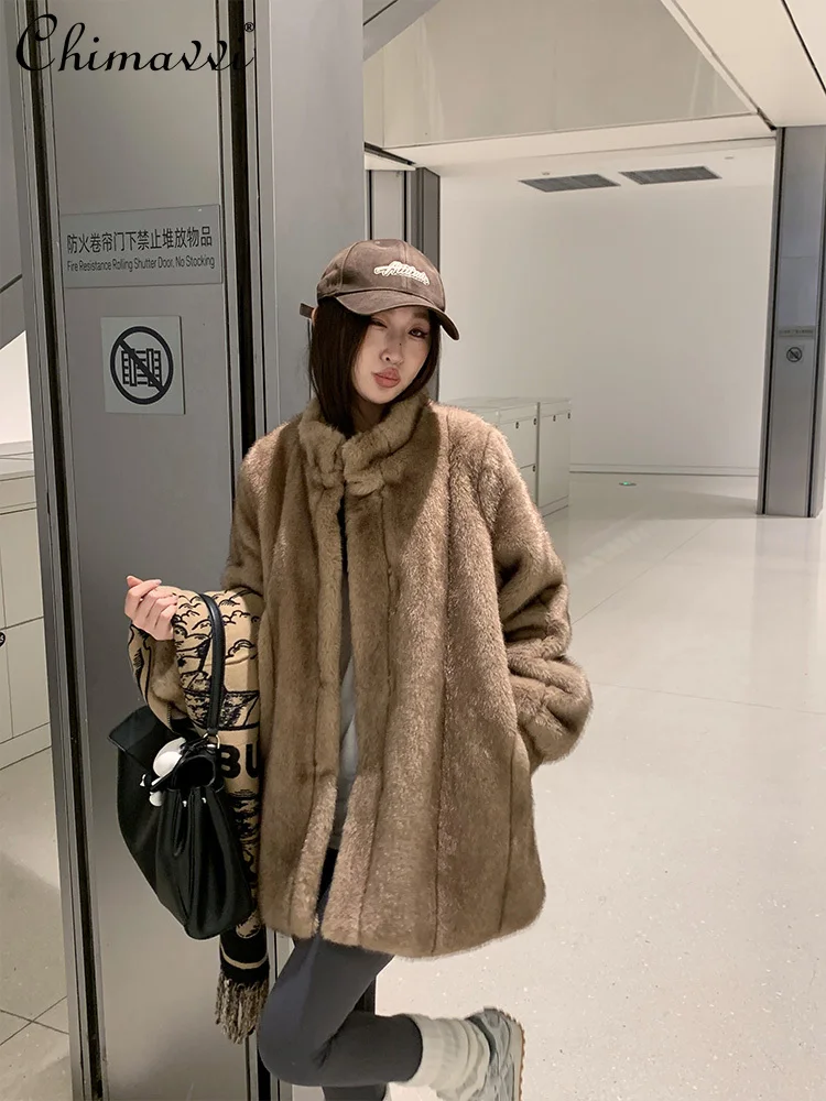 Winter New Mink High-end Fur Coat Women's Fashion Stand-up Collar Vertical Pattern Casual Warm Temperament Fluffy Coat Jackets