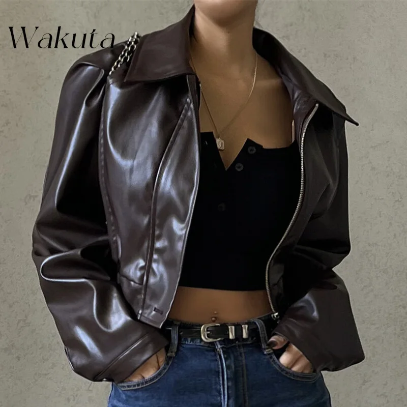 WAKUTA American Retro Fall Lapel Long-sleeved Coat Fashion Zipper PU Leather Tank Fashion Commuter Street Top Denim Jacket Women