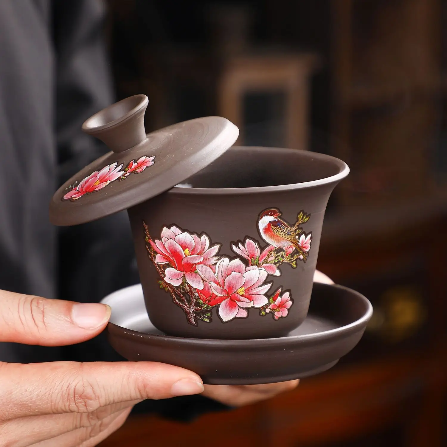 Chinese Style Temperature Color Changing Gaiwan Peach Rotatable Dragon Horse Purple Clay Gongfu Tea Tureen Home Office Business