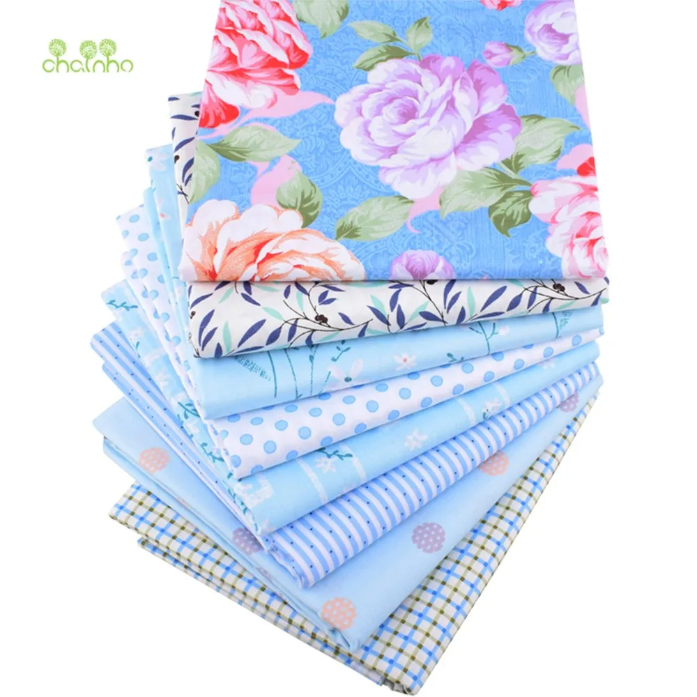 Chainho,Printed Twill Cotton Fabric,Patchwork Cloth,DIY Sewing & Quilting Material,Blue Floral Series,8 Designs,2 Size,QC338