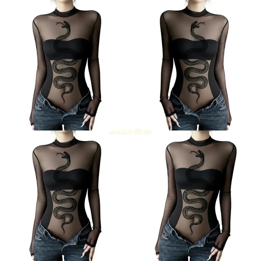 

31BF дышащий комбинезон из прозрачной сетки со змеиным узором, боди из эластичной ткани с длинными рукавами, комбинезон с топ