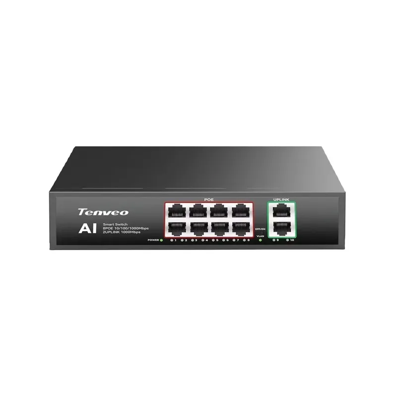 Hot Sale Tenveo 8 Ports PoE Gigabit Ethernet Switch+2 UP-Link Gigabit RJ45 Ports 100m Transmission 30W High Stability with
