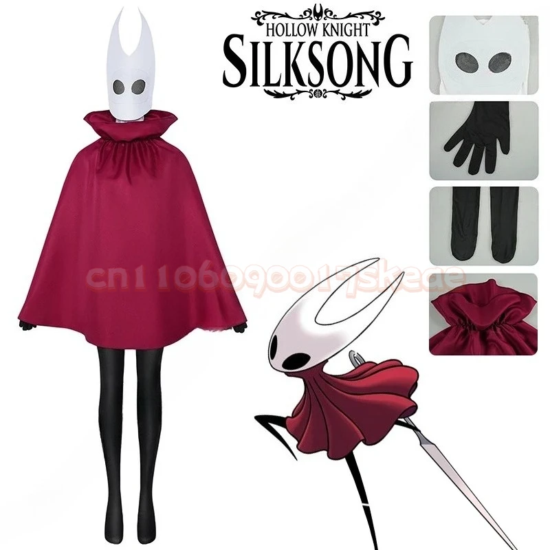 

Hollow Knight Silksong Hornet Cosplay Costume Red Cape Cloak Black Jumpsuit For Men Women White Mask Full Set Halloween Carnival