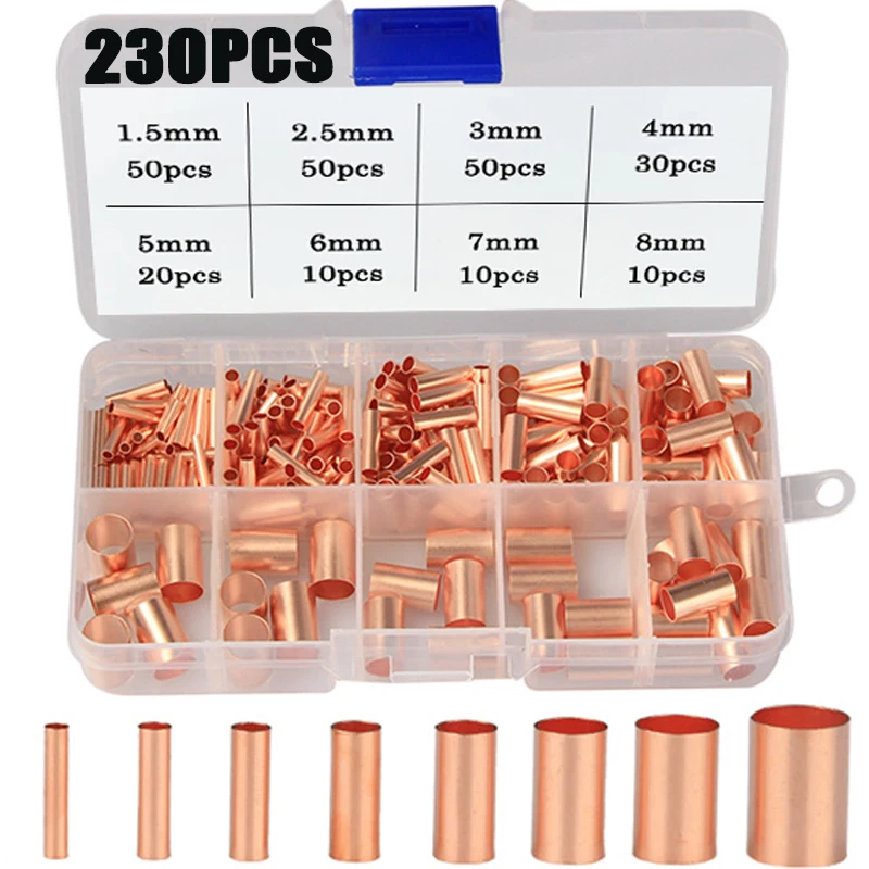 230pcs 1.5-8mm Copper Connecting Pipe Wire Joint Small Copper Tube Intermediate Joint Direct Connection Cold Pressed Terminal