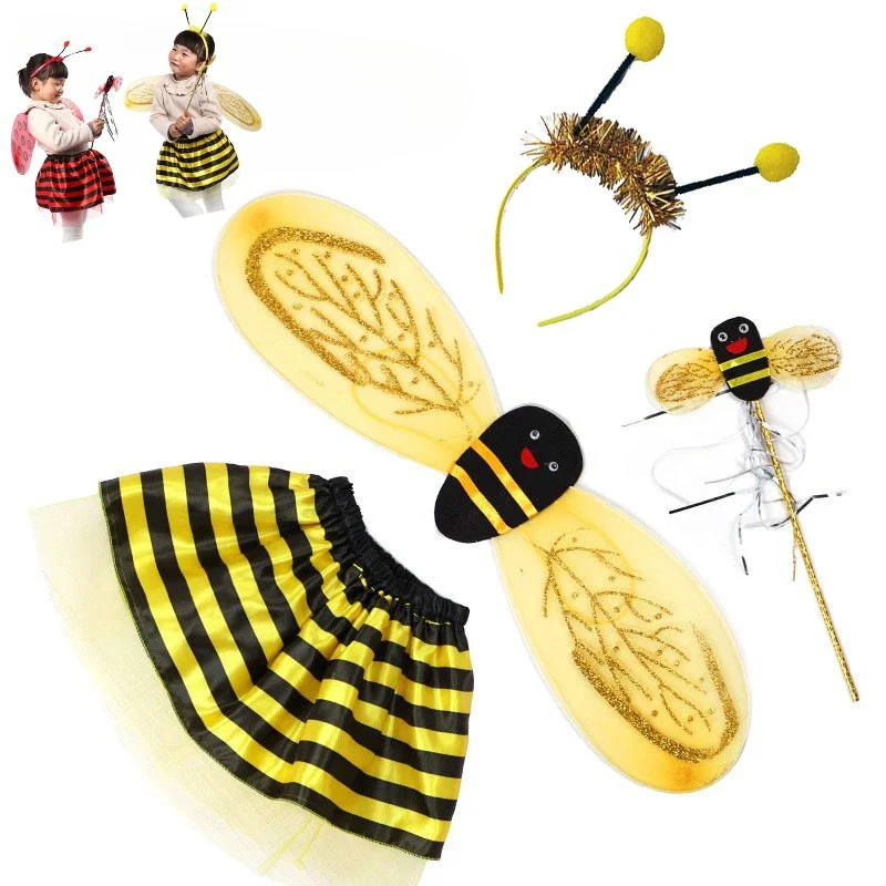 4Pcs/Set Ladybird Bee Cute Wing Tutu Skirt Wand Headband Kid Fairy Costume Set Gifts for Girl Halloween Dress Up Festival Outfit