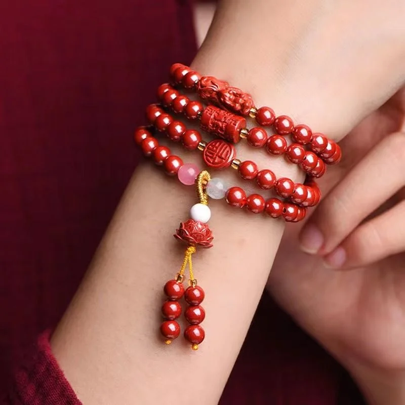 Original Cinnabar Six-character 108 Buddhist Beads High-grade Purple Gold Sand Emperor Simple Female Four-ring Lotus Bracelet