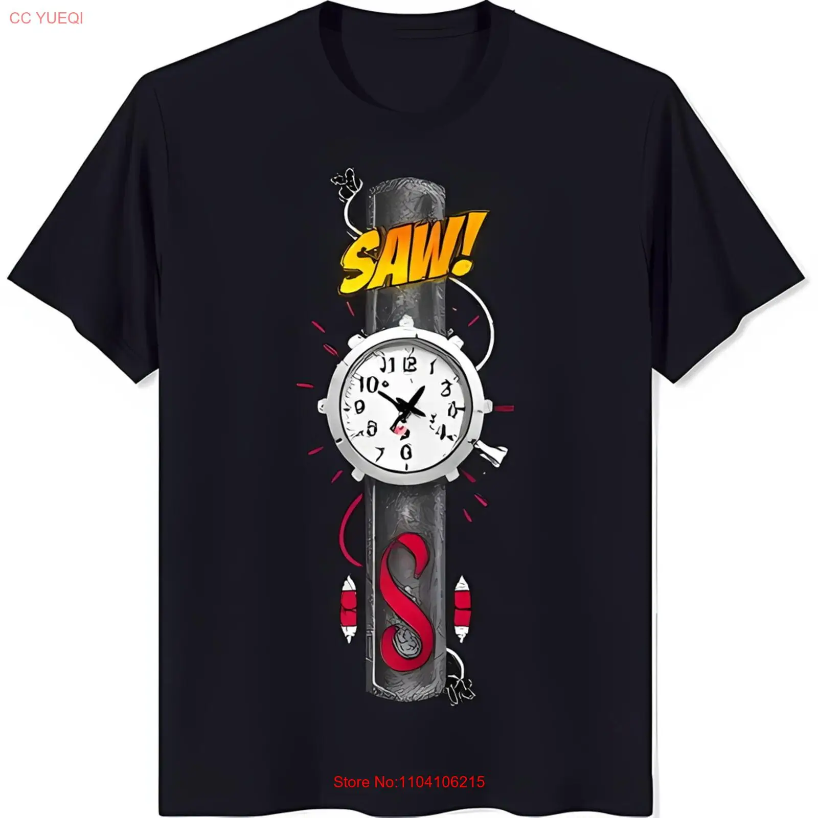 

Black T-Shirt with Graphic of Clock and 'SAW ' Design Unique Casual Wear