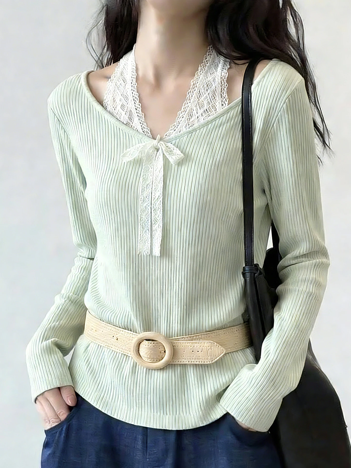 

Korean Style Lace Splice Knitted Long Sleeve Top Women's Fake Two-Piece Slimming Spring Fashionable Knot Design