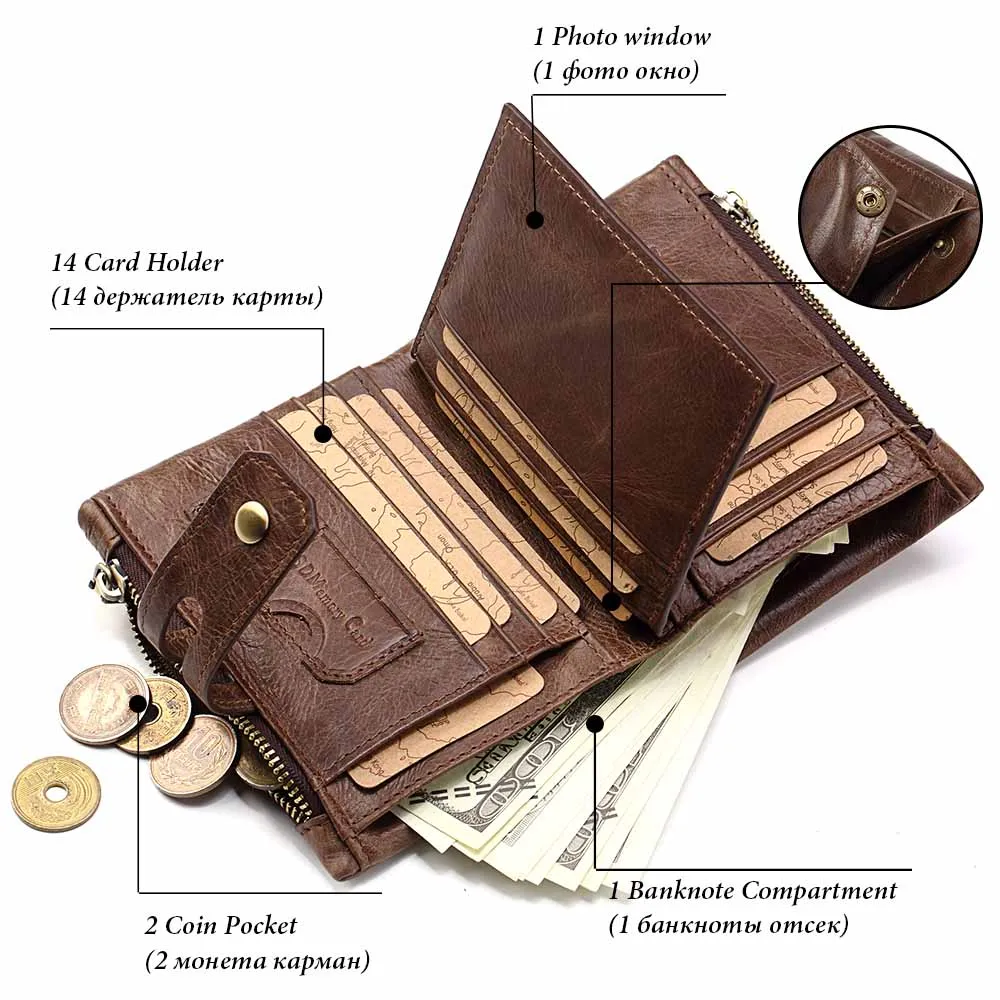 First Layer Leather Mens Wallet with RFID Card Holder Purse Short Cowhide Zip Coin Pocket Bifold Women Clutch cartera hombre