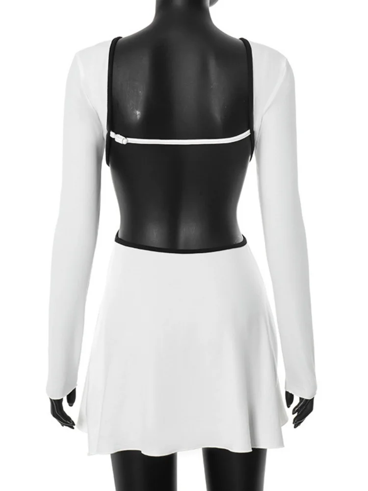 Contrast Color Binding White Dress For Women Streetwear Backless Sexi Night Dress Hot Club Outfit Long Sleeve Vestidos De Mujer