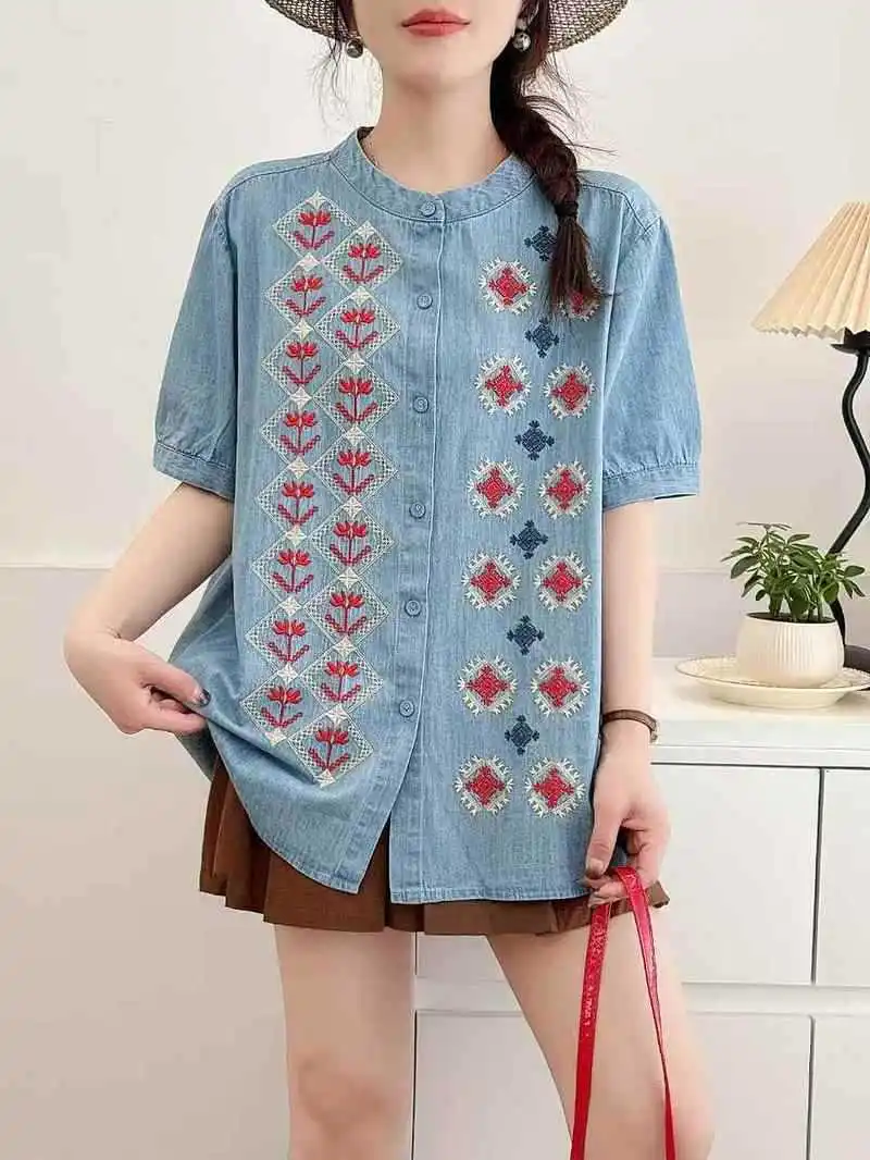 

Korean Style Ethnic Flower Embroidered Denim Shirts For Women Jean Shirt Single-Breasted Blouse Tops Boho Clothing